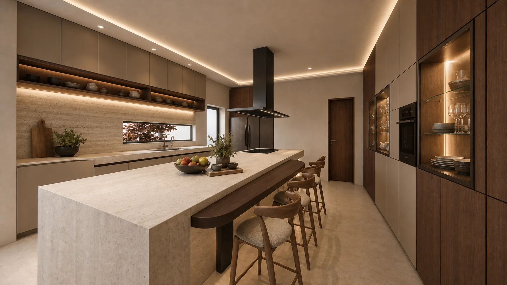Cocina de Casa Campestre con isla de piedra de gran formato y frentes de madera cálida
