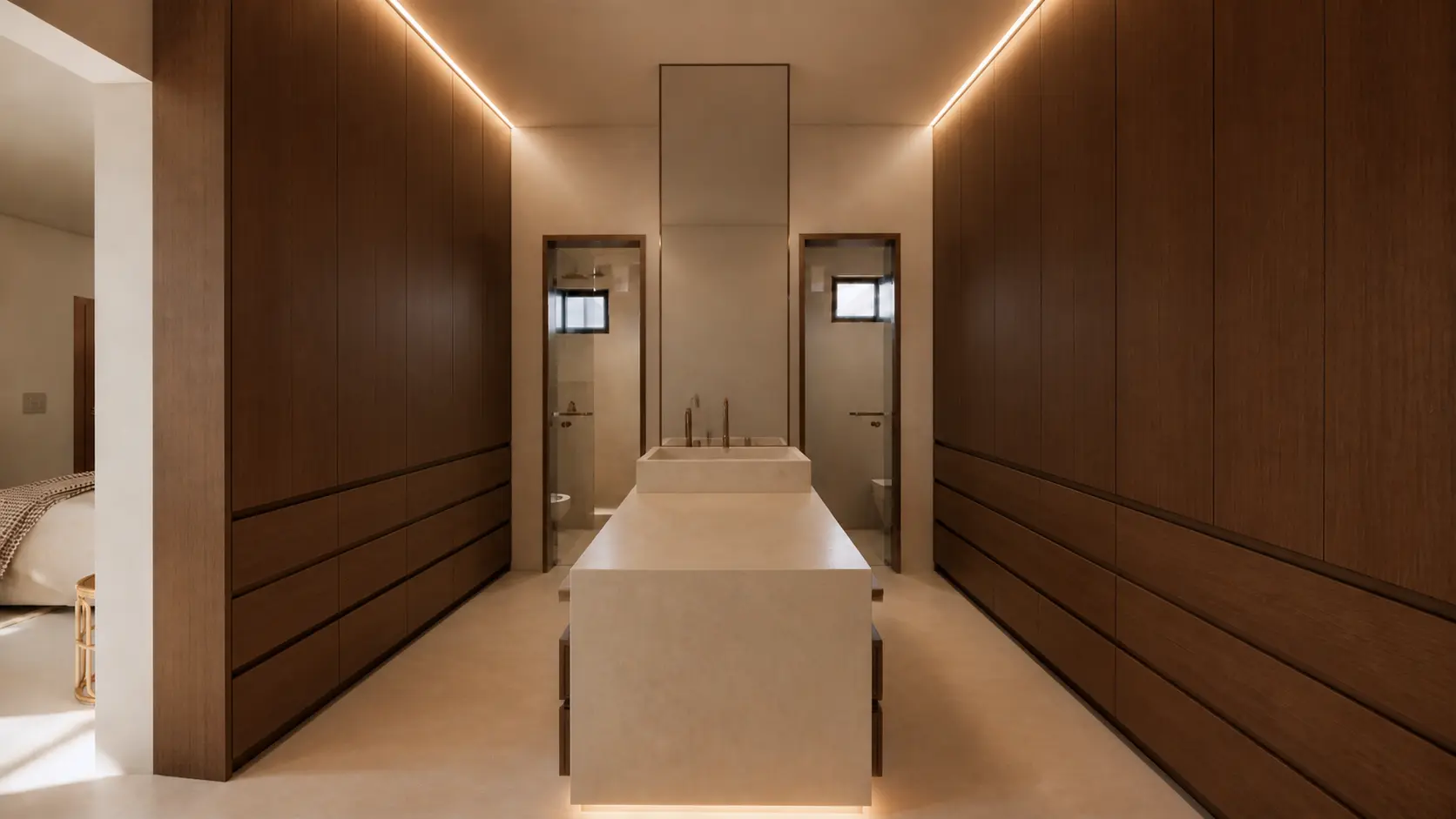Vestidor de Casa Campestre con luz lineal perimetral, isla de piedra y acceso a la recámara