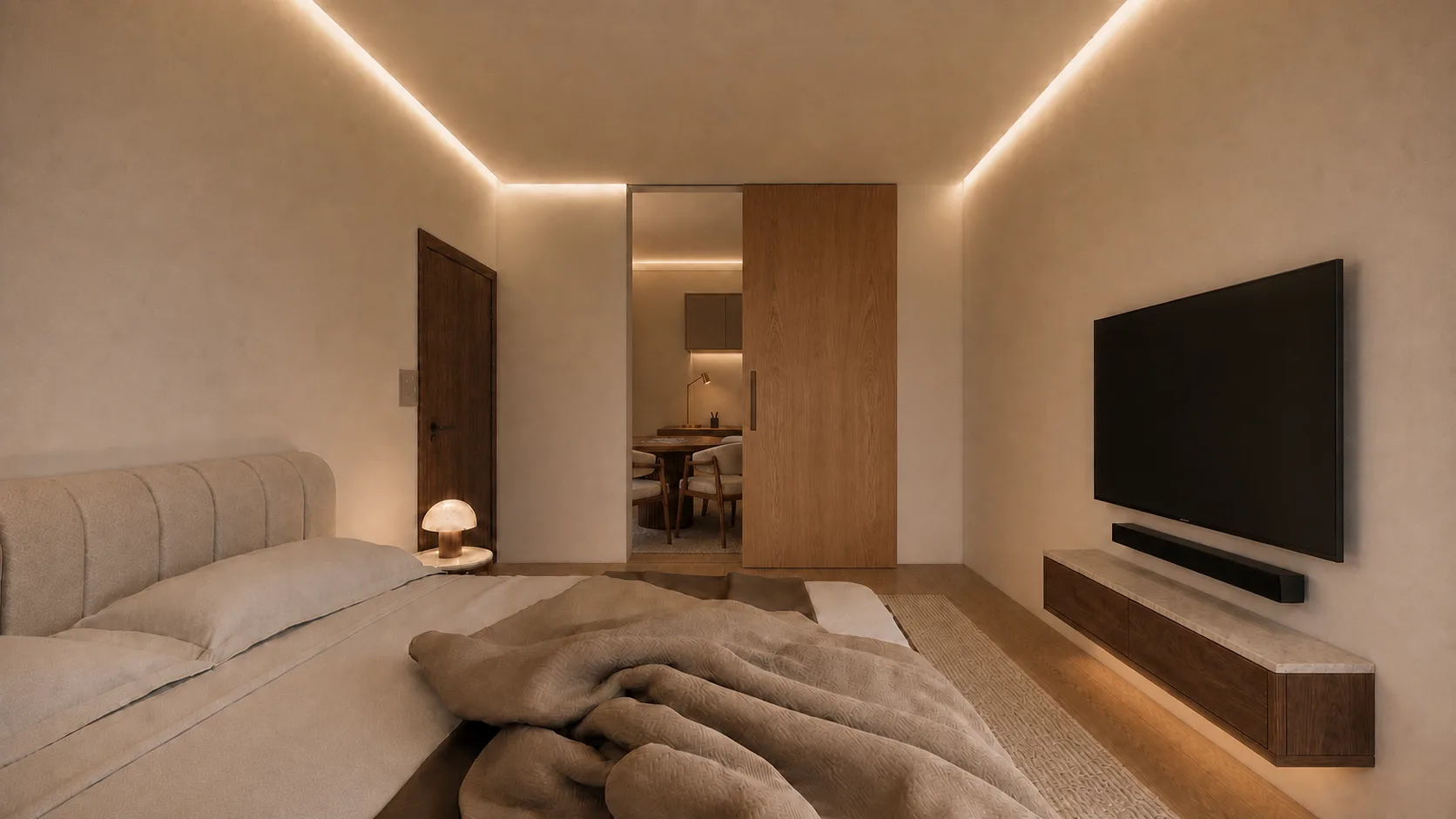 Recámara de Casa Campestre con puerta corrediza de madera que conecta con el espacio contiguo