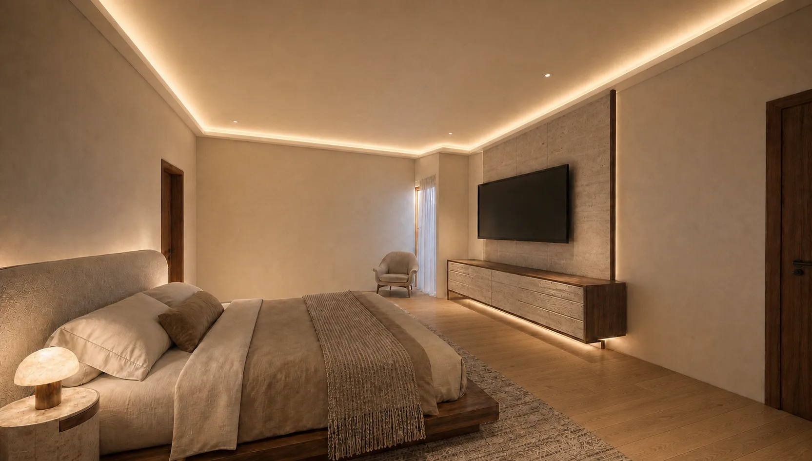 Recámara amplia de Casa Campestre con muro de carpintería minimalista y televisión integrada