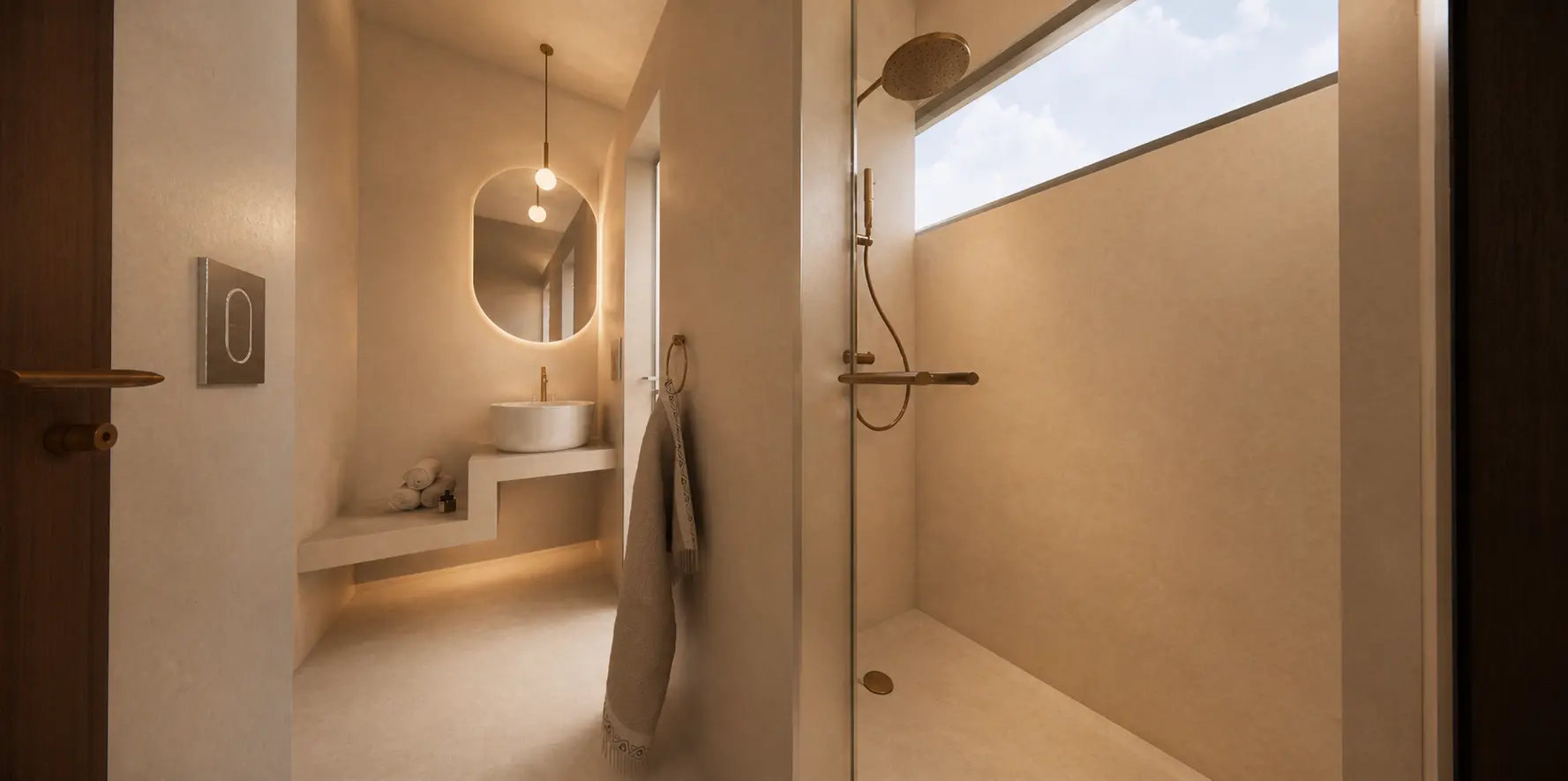 Baño de Casa Campestre con regadera de vidrio, ventana alta y cubierta continua