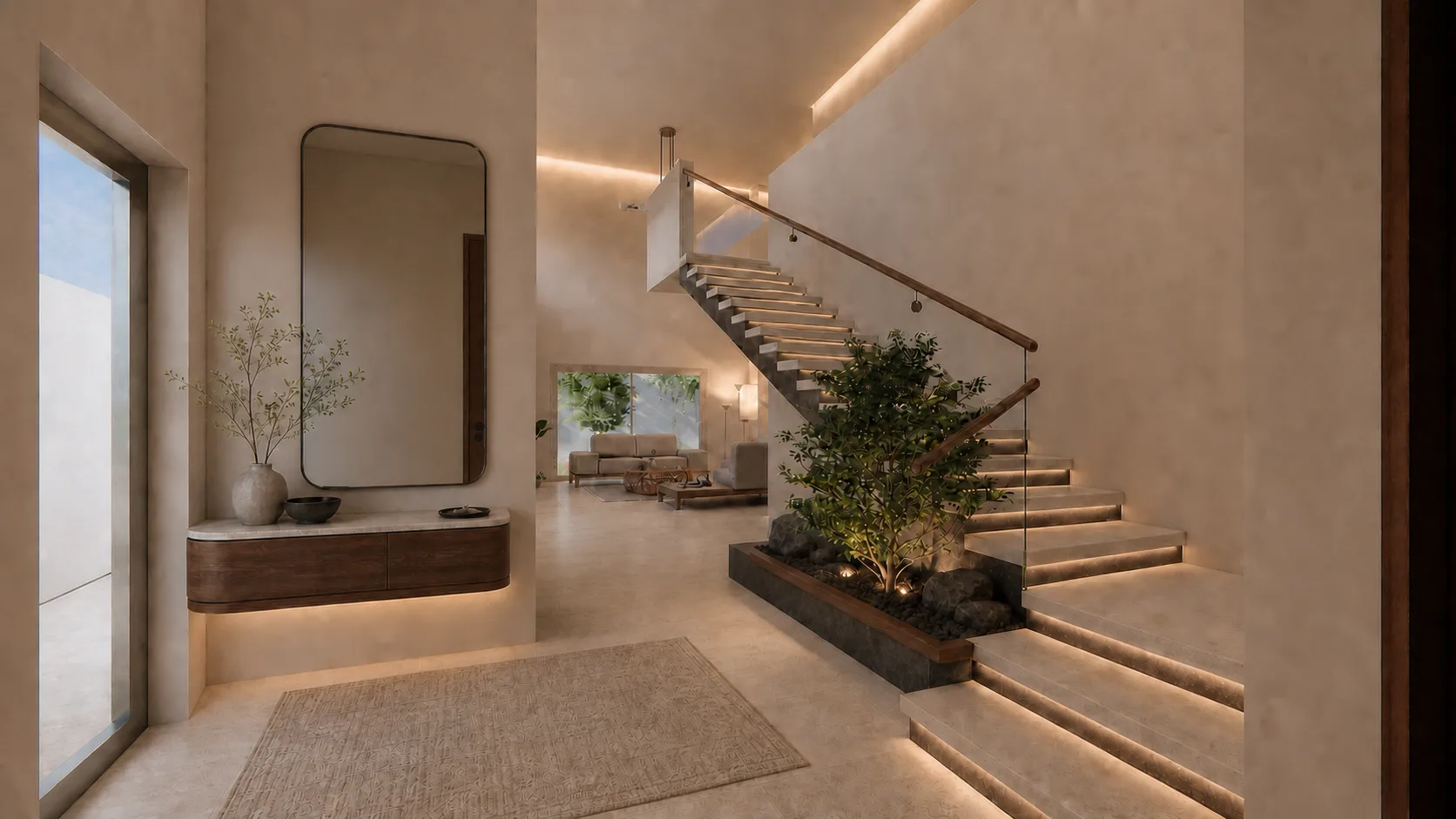 Vestíbulo de Casa Campestre con escalera de piedra, vegetación interior y espejo de gran formato